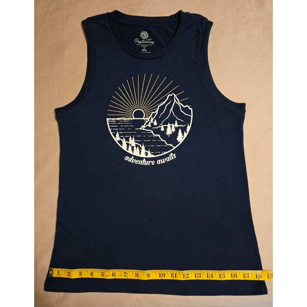 PositiviTees Womens Adventure Awaits Mountain Graphic Muscle Tank Top Navy S 4/6